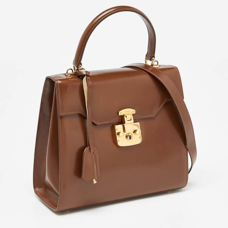 Pre Owned Gucci Brown Leather Vintage Kelly Rare Lady Lock Top Handle Bag