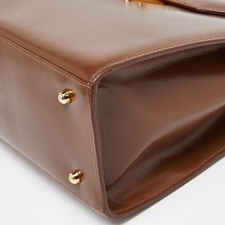 Pre Owned Gucci Brown Leather Vintage Kelly Rare Lady Lock Top Handle Bag