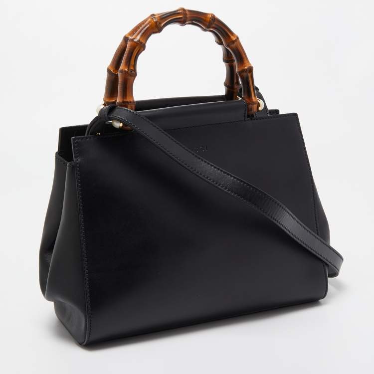 Pre Owned Gucci Black Leather Bamboo Nymphaea Medium Shoulder Bag