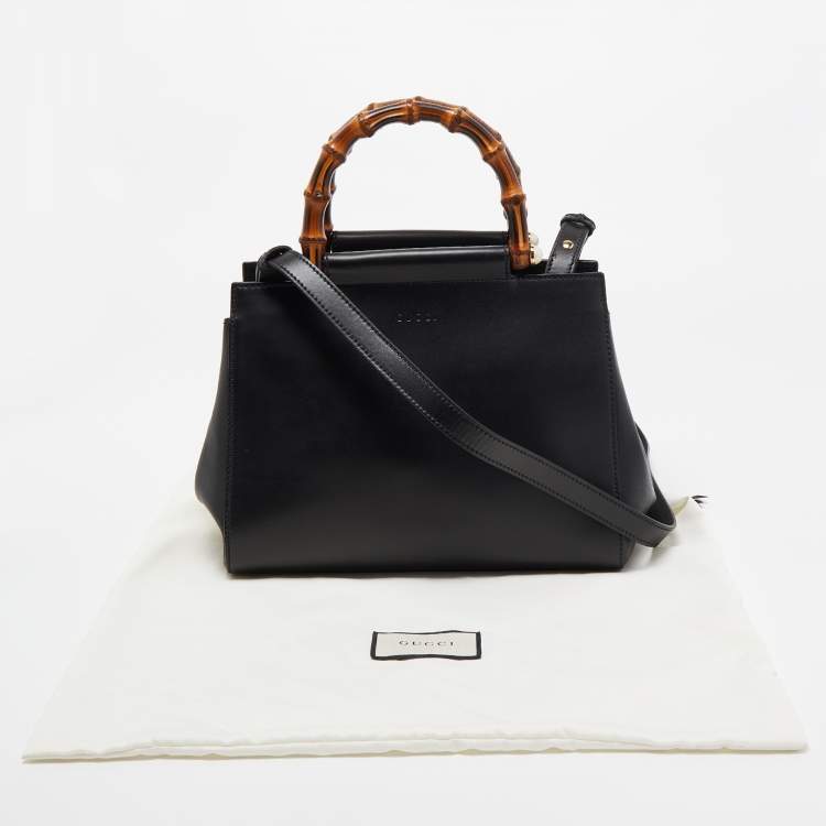 Pre Owned Gucci Black Leather Bamboo Nymphaea Medium Shoulder Bag