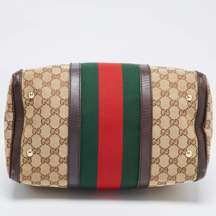 Pre Owned Gucci Brown/Beige GG Canvas Medium Vintage Web Boston Bag