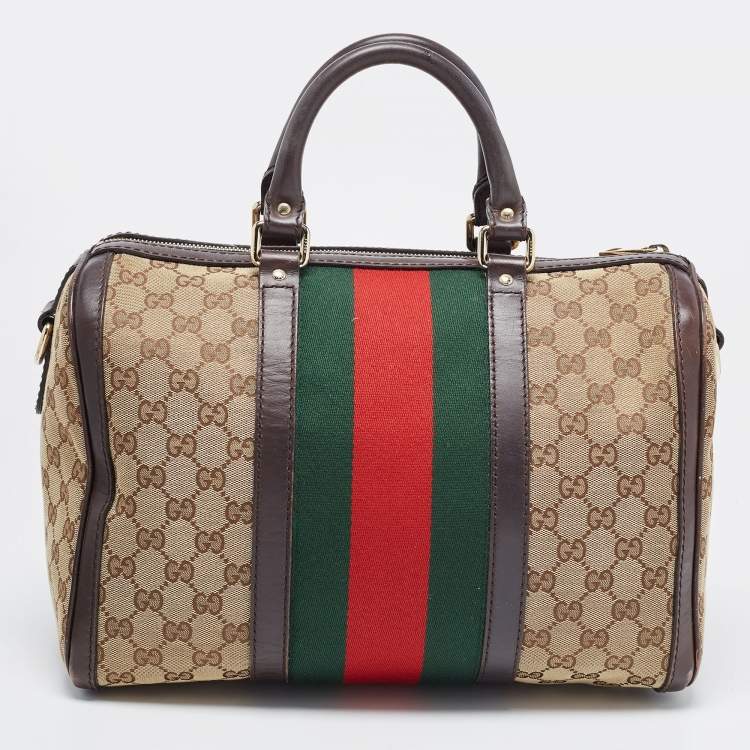 Pre Owned Gucci Brown/Beige GG Canvas Medium Vintage Web Boston Bag