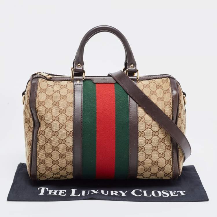 Pre Owned Gucci Brown/Beige GG Canvas Medium Vintage Web Boston Bag