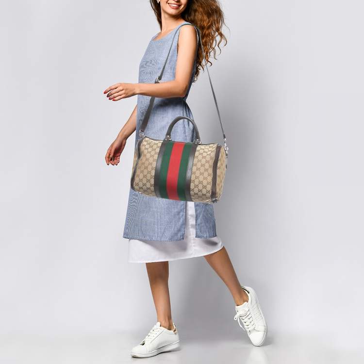 Pre Owned Gucci Brown/Beige GG Canvas Medium Vintage Web Boston Bag
