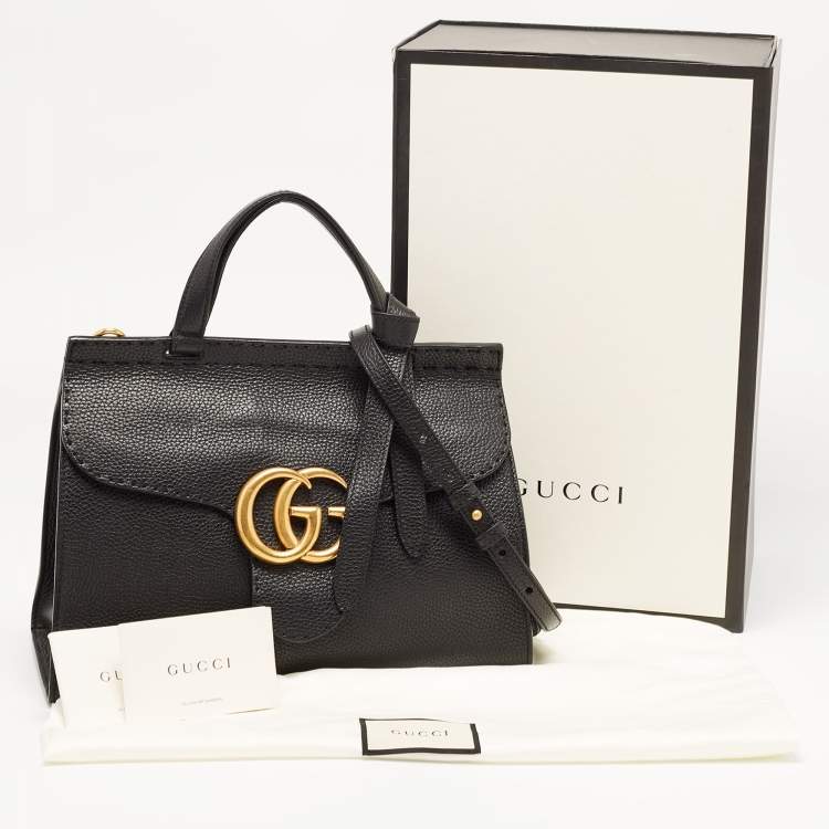 Pre Owned Gucci Black Leather Medium GG Marmont Top Handle Bag