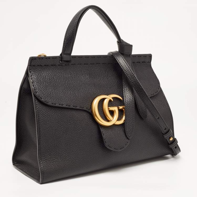 Pre Owned Gucci Black Leather Medium GG Marmont Top Handle Bag