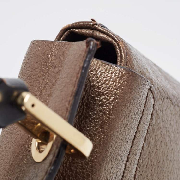 Pre Owned Gucci Bronze Leather Bamboo Flap Top Handle Bag