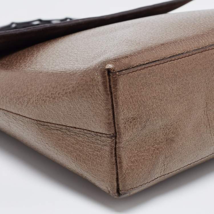 Pre Owned Gucci Bronze Leather Bamboo Flap Top Handle Bag