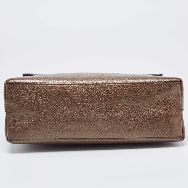 Pre Owned Gucci Bronze Leather Bamboo Flap Top Handle Bag
