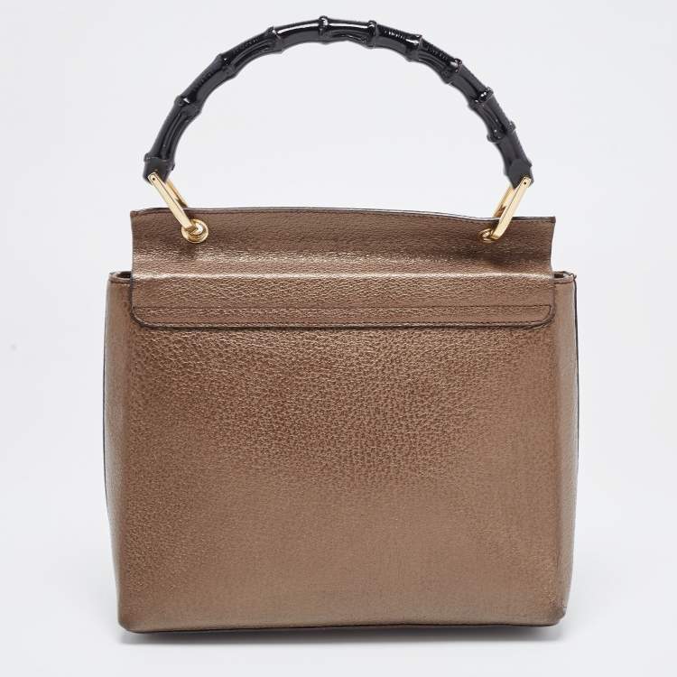 Pre Owned Gucci Bronze Leather Bamboo Flap Top Handle Bag
