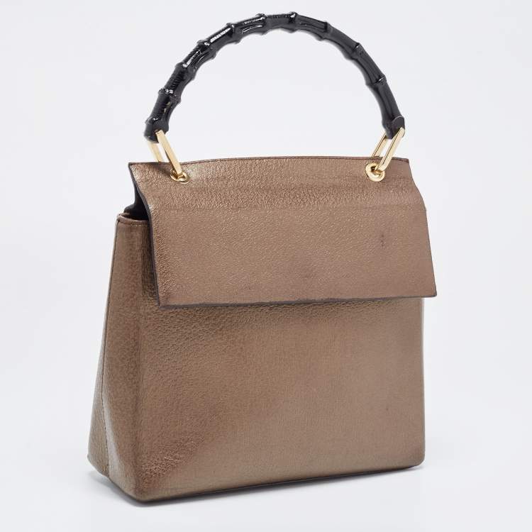 Pre Owned Gucci Bronze Leather Bamboo Flap Top Handle Bag