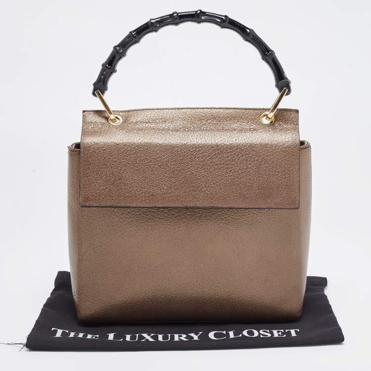 Pre Owned Gucci Bronze Leather Bamboo Flap Top Handle Bag