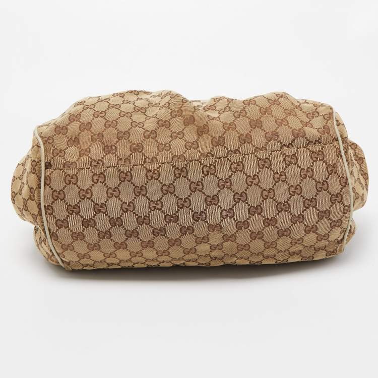 Pre Owned Gucci Off White/Beige GG Canvas and Leather Medium Sukey Boston Bag