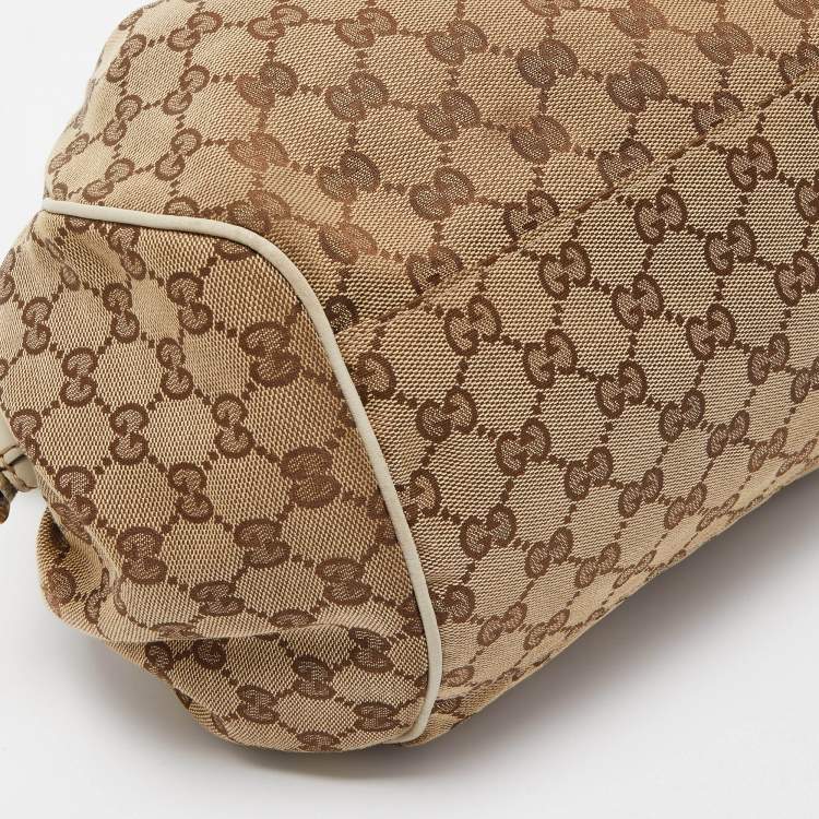 Pre Owned Gucci Off White/Beige GG Canvas and Leather Medium Sukey Boston Bag