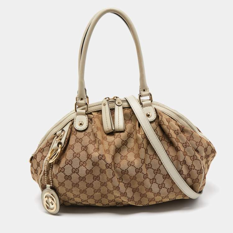Pre Owned Gucci Off White/Beige GG Canvas and Leather Medium Sukey Boston Bag