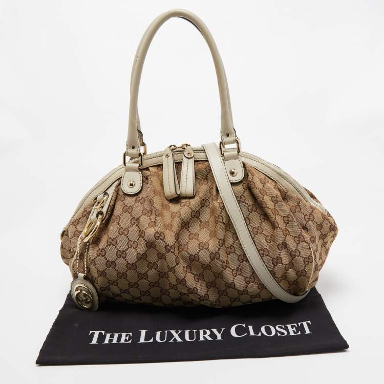 Pre Owned Gucci Off White/Beige GG Canvas and Leather Medium Sukey Boston Bag