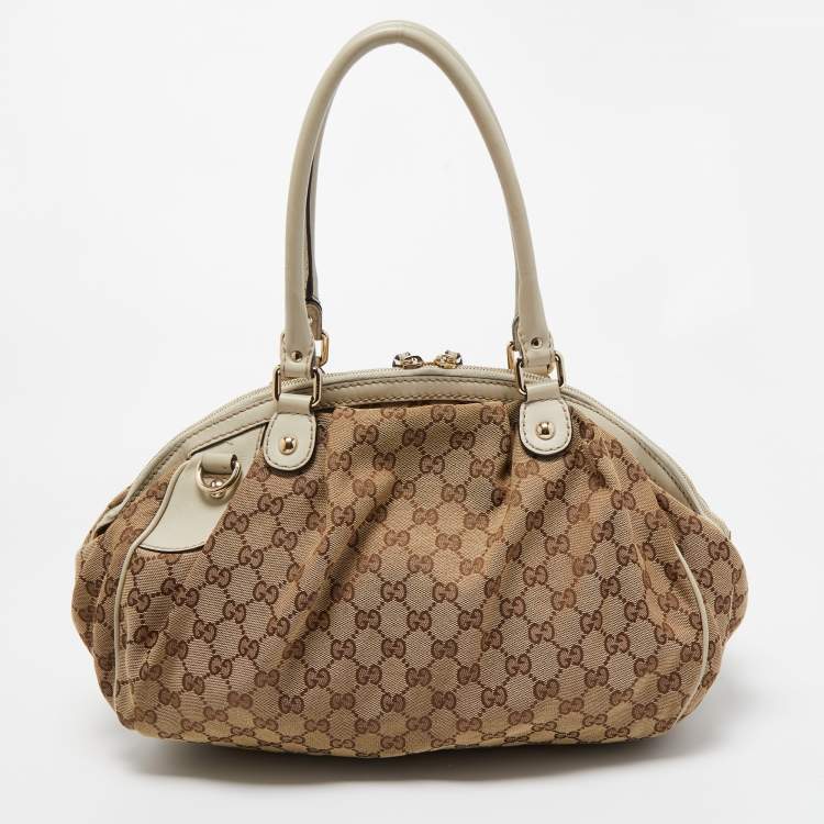 Pre Owned Gucci Off White/Beige GG Canvas and Leather Medium Sukey Boston Bag