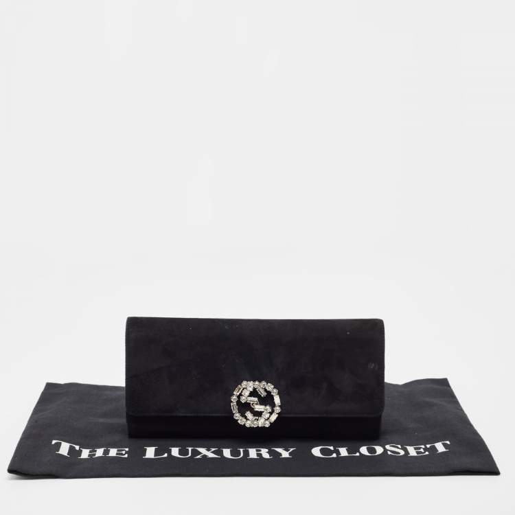 مملوكة مسبقًا Gucci Black Suede GG Crystal Broadway Clutch