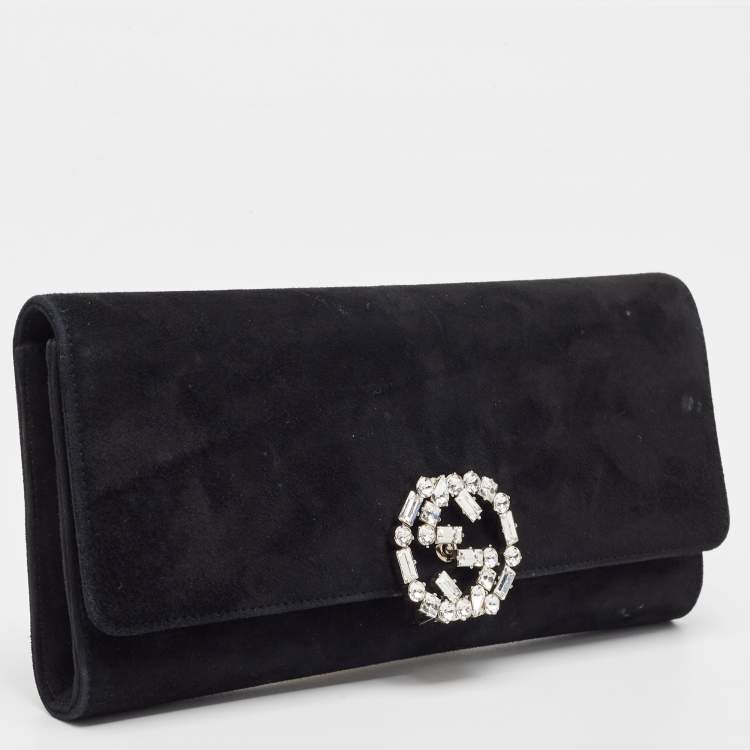 مملوكة مسبقًا Gucci Black Suede GG Crystal Broadway Clutch