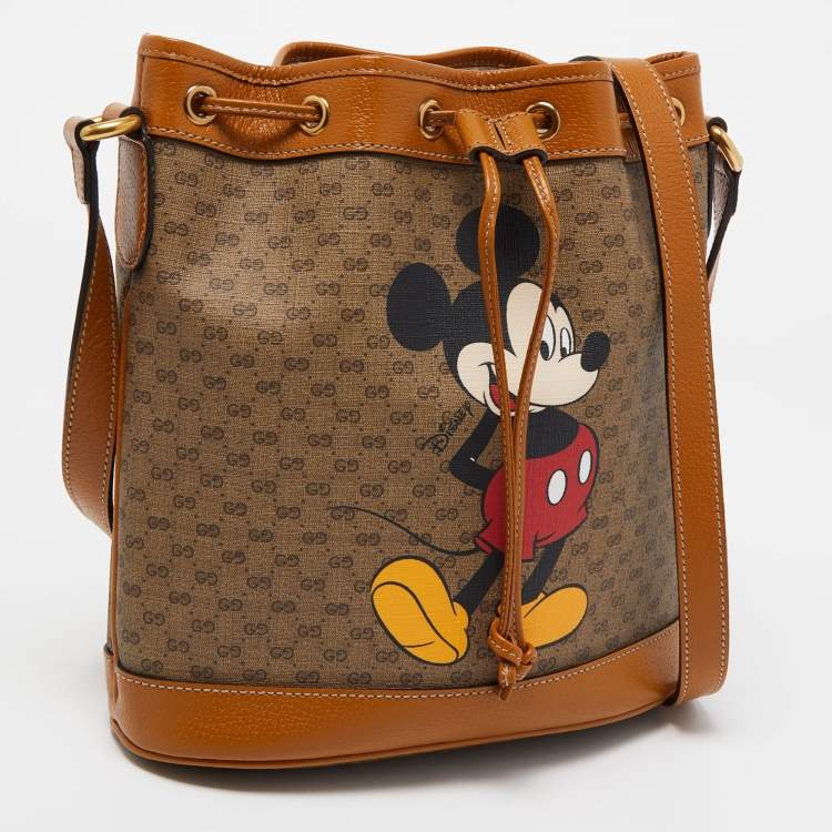 Pre Owned Gucci x Disney Beige/Brown Micro GG Canvas and Leather Small Mickey Mouse Print Bucket Bag 