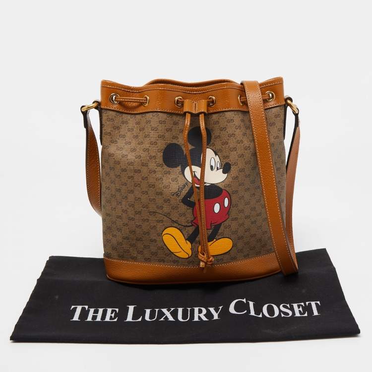 Pre Owned Gucci x Disney Beige/Brown Micro GG Canvas and Leather Small Mickey Mouse Print Bucket Bag 