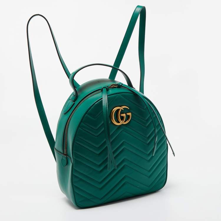 Pre Owned Gucci Green Matelassé Leather GG Marmont Backpack