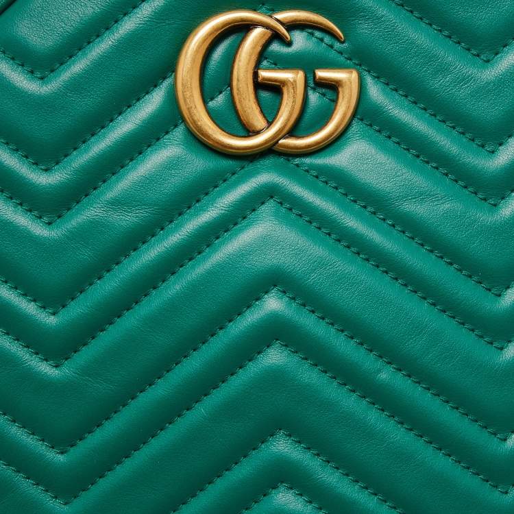 Pre Owned Gucci Green Matelassé Leather GG Marmont Backpack