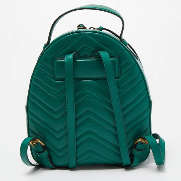 Pre Owned Gucci Green Matelassé Leather GG Marmont Backpack