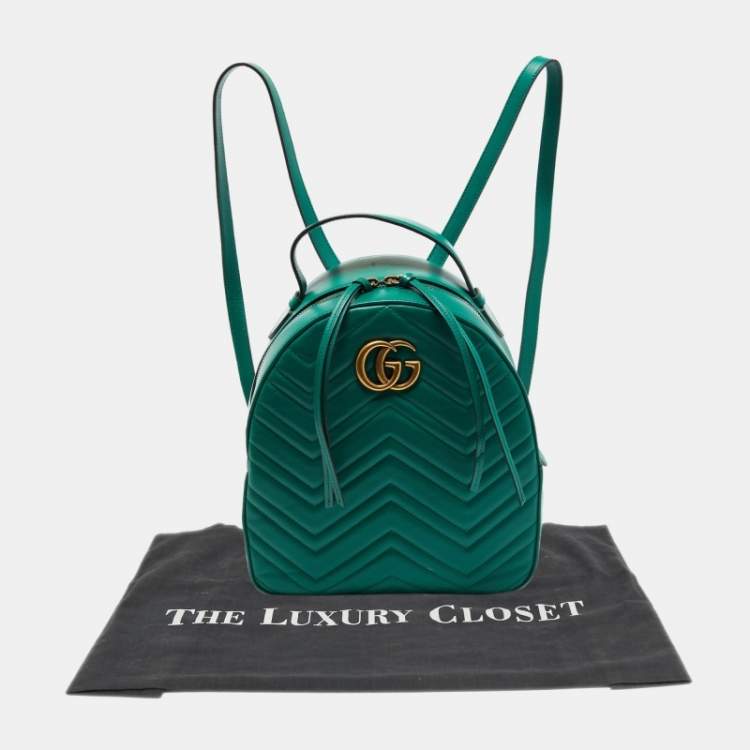 Pre Owned Gucci Green Matelassé Leather GG Marmont Backpack