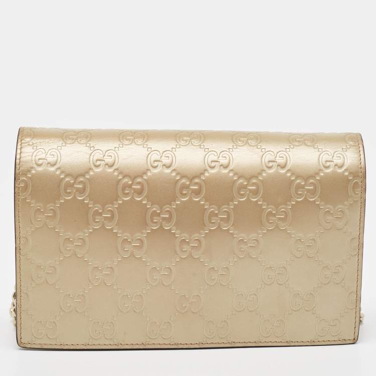 Pre Owned Gucci Gold Guccissima Leather Bow Wallet On Chain