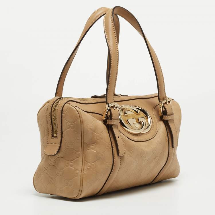 Pre Owned Gucci Beige Guccissima Leather Web Britt Boston Bag