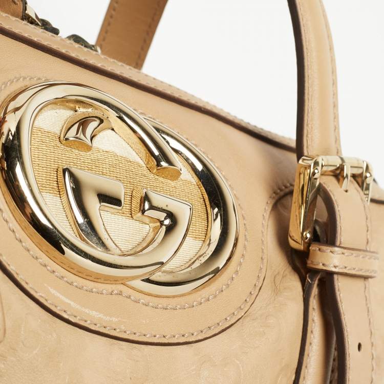 Pre Owned Gucci Beige Guccissima Leather Web Britt Boston Bag