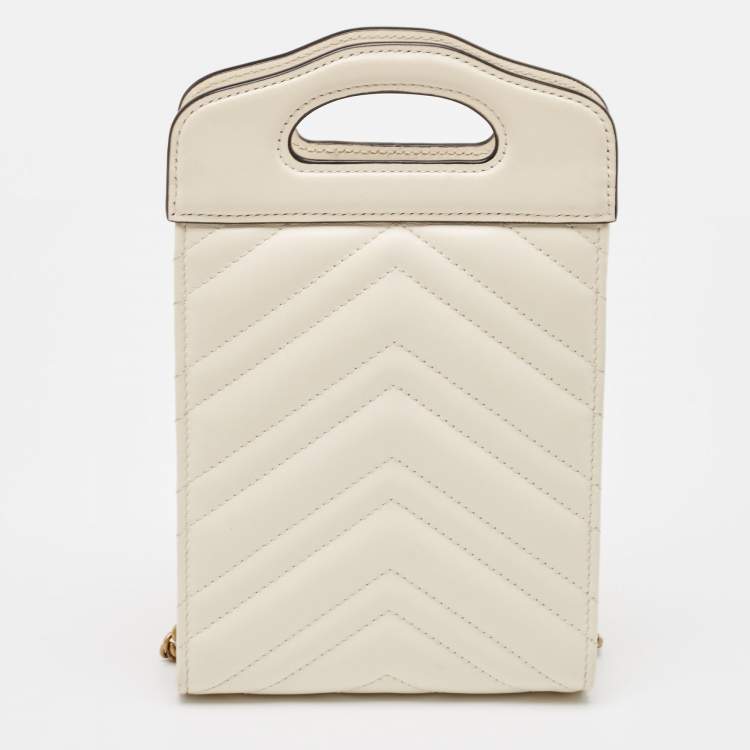 Pre Owned Gucci Off White Matelassé Leather Mini GG Marmont Phone Crossbody Bag