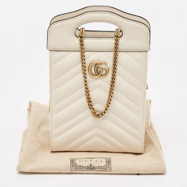Pre Owned Gucci Off White Matelassé Leather Mini GG Marmont Phone Crossbody Bag