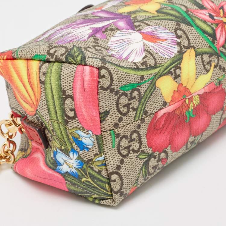 Pre Owned Gucci Red/Beige Flora GG Supreme Canvas Ophidia Cosmetic Pouch