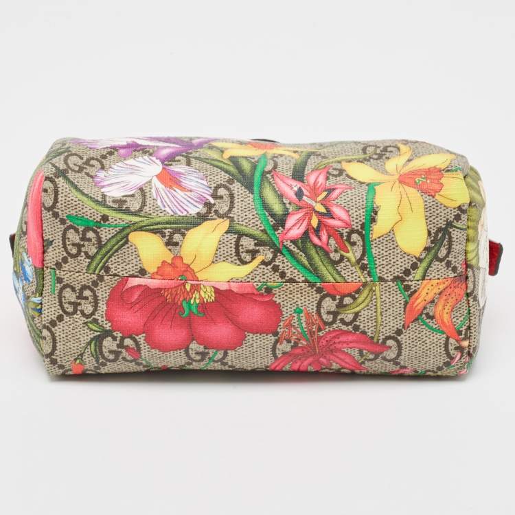 Pre Owned Gucci Red/Beige Flora GG Supreme Canvas Ophidia Cosmetic Pouch