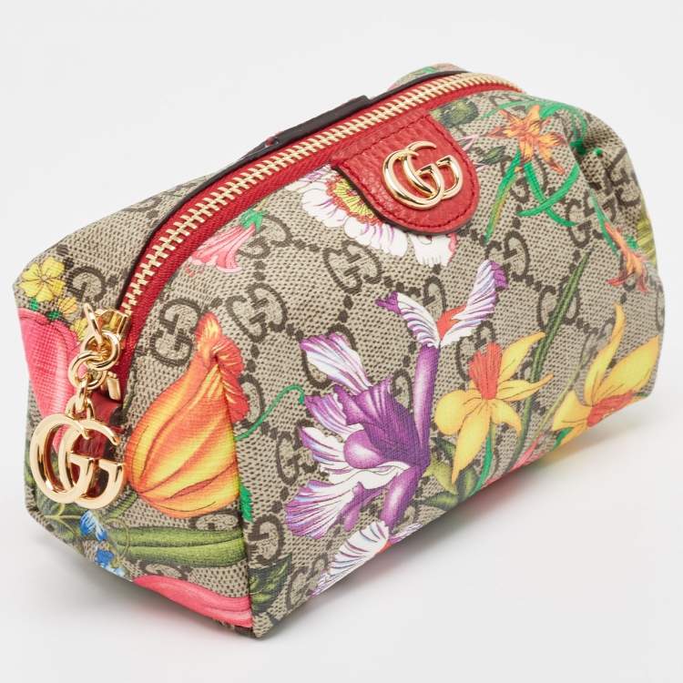 Pre Owned Gucci Red/Beige Flora GG Supreme Canvas Ophidia Cosmetic Pouch