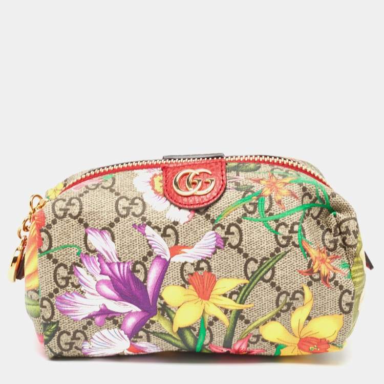 Pre Owned Gucci Red/Beige Flora GG Supreme Canvas Ophidia Cosmetic Pouch