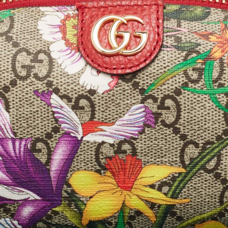 Pre Owned Gucci Red/Beige Flora GG Supreme Canvas Ophidia Cosmetic Pouch