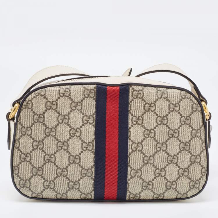 Pre Owned Gucci Cream/Brown GG Supreme And Leather Ophidia Shoulder Bag