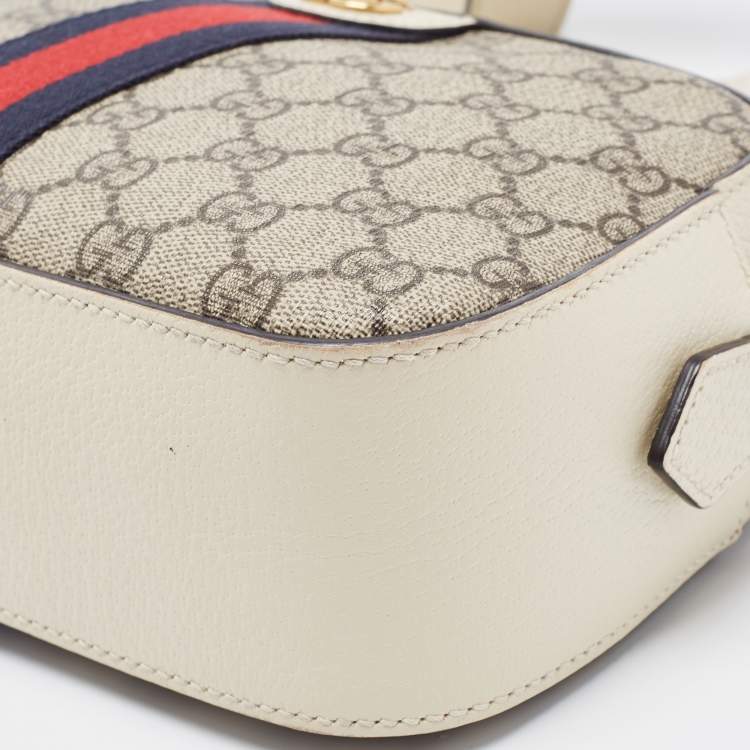 Pre Owned Gucci Cream/Brown GG Supreme And Leather Ophidia Shoulder Bag