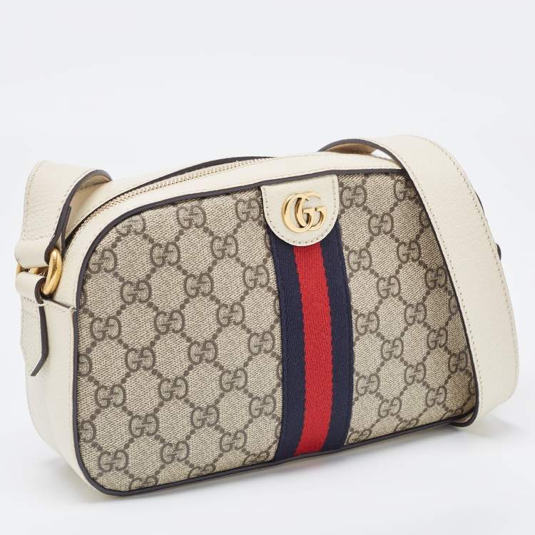 Pre Owned Gucci Cream/Brown GG Supreme And Leather Ophidia Shoulder Bag
