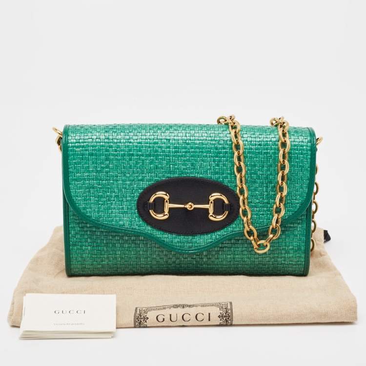 Pre Owned Gucci Green Raffia Horsebit 1955 Chain Shoulder Bag