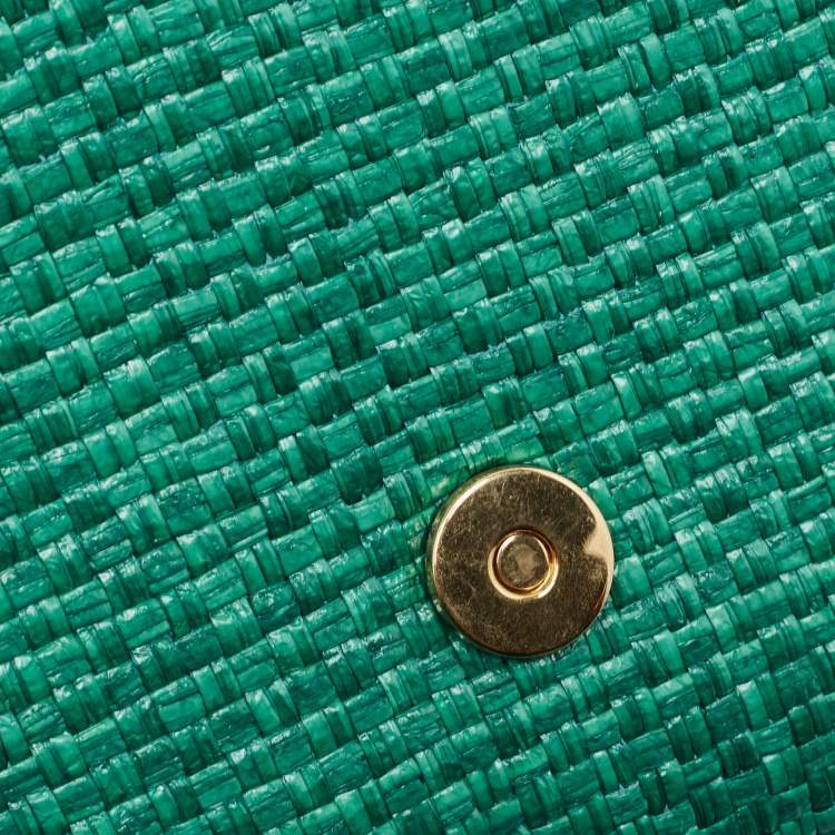 Pre Owned Gucci Green Raffia Horsebit 1955 Chain Shoulder Bag