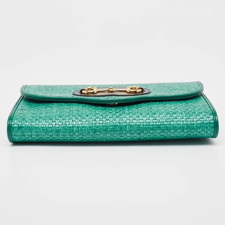 Pre Owned Gucci Green Raffia Horsebit 1955 Chain Shoulder Bag