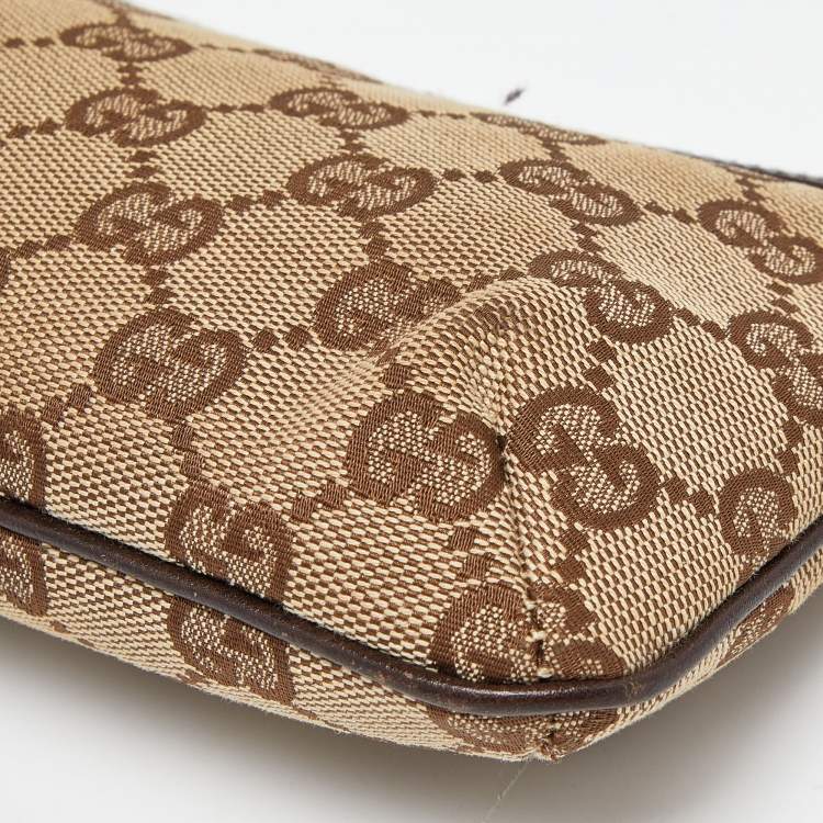 Pre Owned Gucci Beige/Brown GG Canvas and Leather Wristlet Pouch