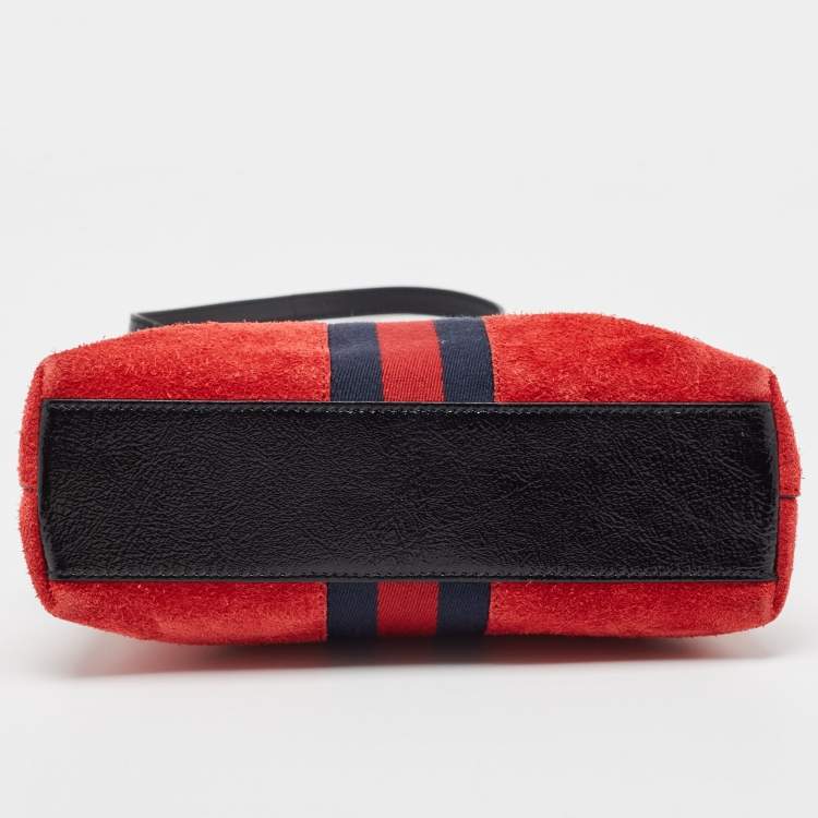 Pre Owned Gucci Red/Black Suede Small Web GG Ophidia Shoulder Bag