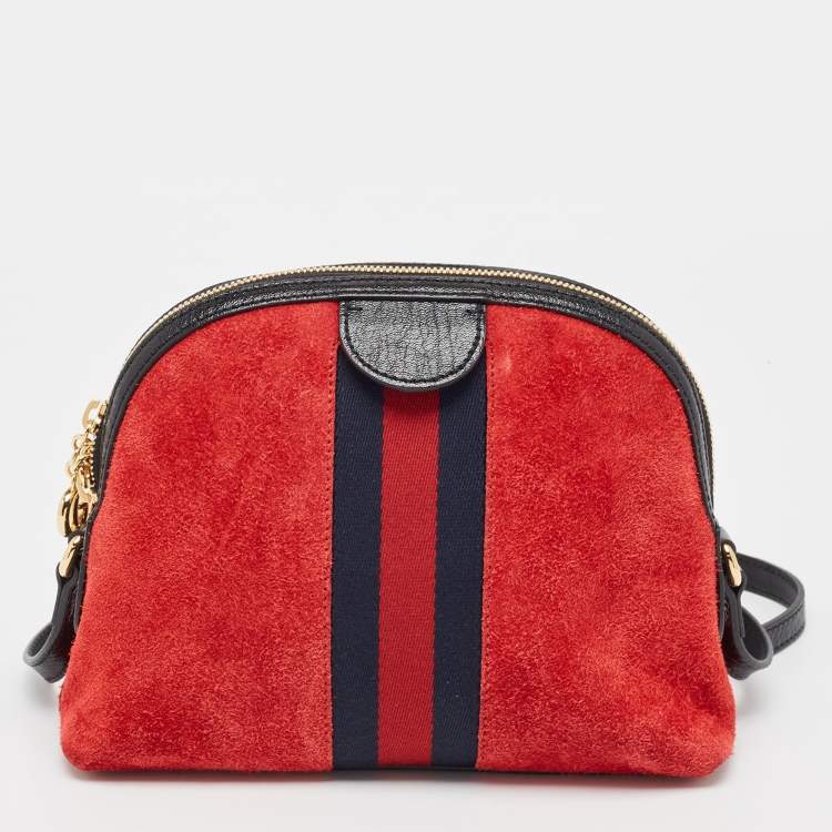 Pre Owned Gucci Red/Black Suede Small Web GG Ophidia Shoulder Bag