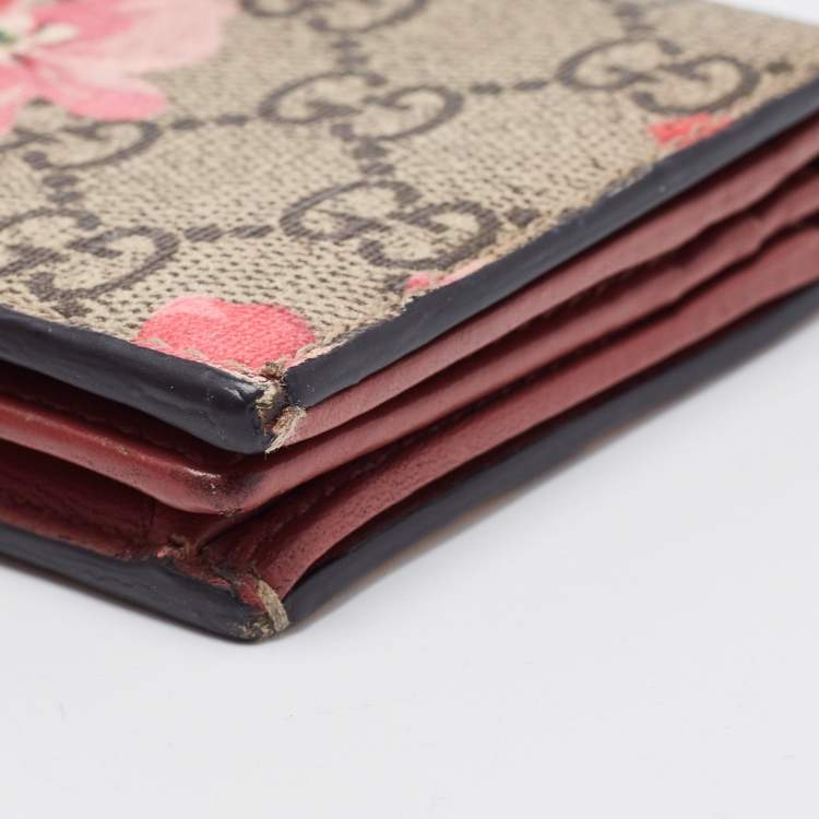Pre Owned Gucci Beige/Pink GG Supreme Canvas Blooms Card Case