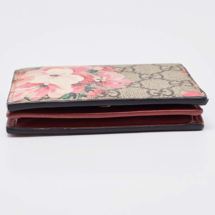 Pre Owned Gucci Beige/Pink GG Supreme Canvas Blooms Card Case